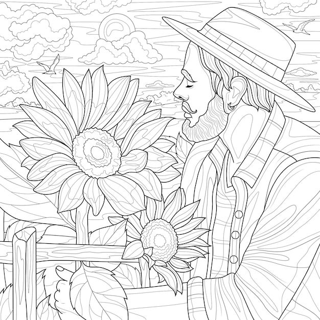 Man in a hat and sunflowersColoring book antistress for children and adults Illustration isolated on white backgroundZentangle style Hand draw