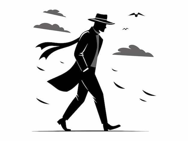 a man in a hat walks in windy weather in a black