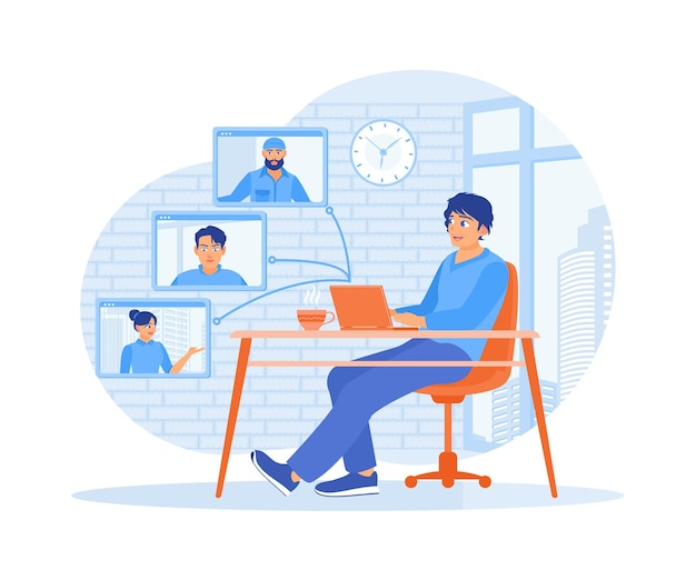 Man having virtual meetings with business colleagues Chatting with business colleagues on the laptop screen Video conference concept Flat vector illustration