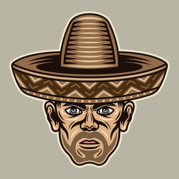 Man head in sombrero hat with bristle Vector character illustration in colored cartoon style on light background