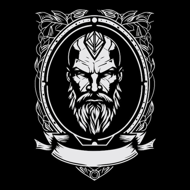 Vector man head viking with beard logo black and white hand drawn illustration