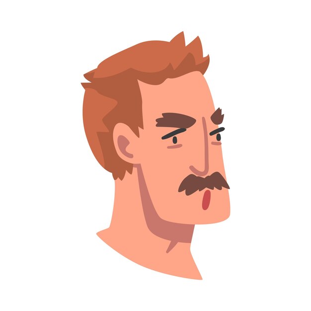 Vector man head with mustache with frowning facial expression side view vector illustration