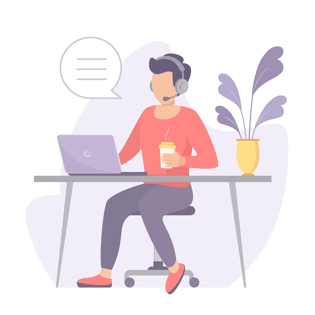 Man in headphones working on computer at office Vector flat modern illustration