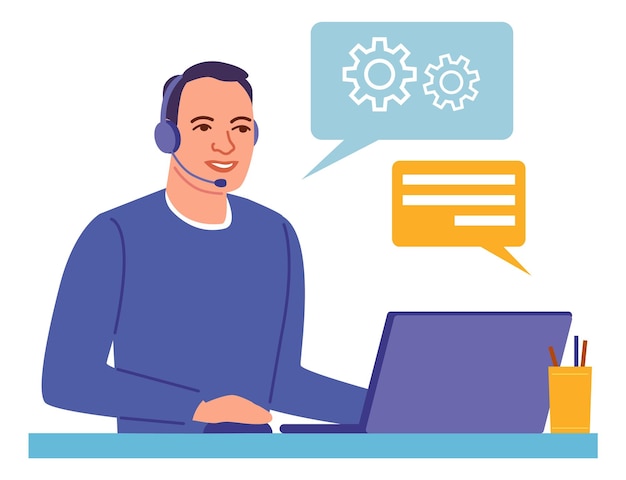 Man in headset providing technical help in support chat