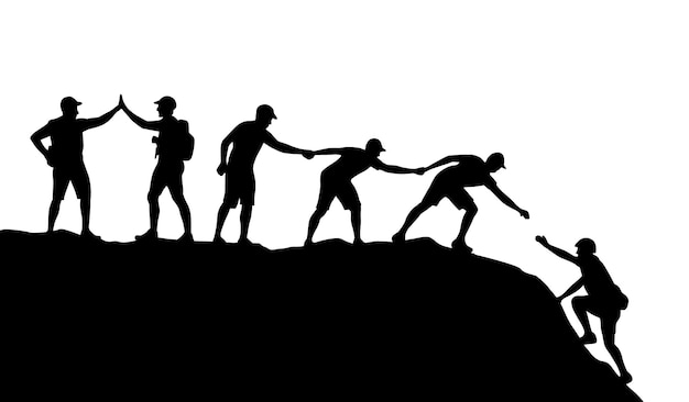 Man help man to climbing mountain Help and assistance concept Silhouettes of two people climbing