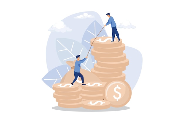 Man helping another climb to the top of coins investment flat design modern illustration