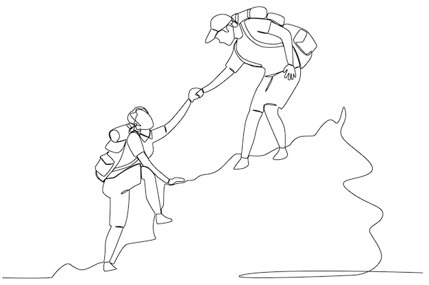 A man helping his friend on the top of a mountain one line art