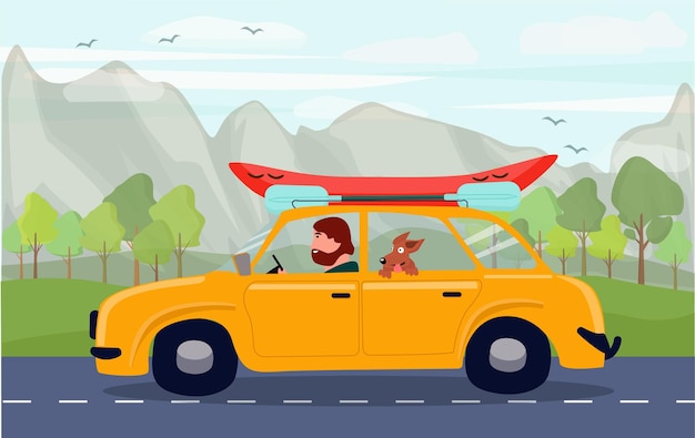 A man and his dog are driving in a car on the road and carrying a canoe Summer road trip