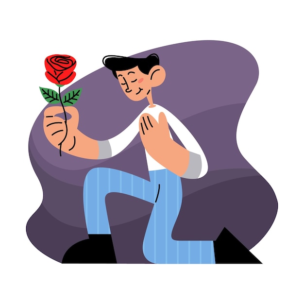 Man on his knees with rose flat vector illustration