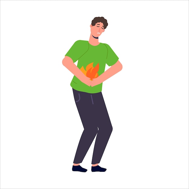 Man holding abdomen. Heartburn and stomach problems concept.  Vector illustration.