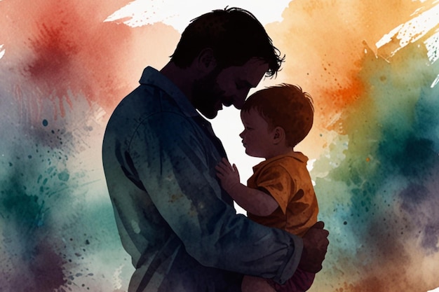 a man holding a baby and a colorful background