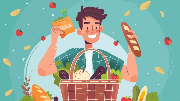 a man holding a basket with food and a man holding a box with a basket of food in it