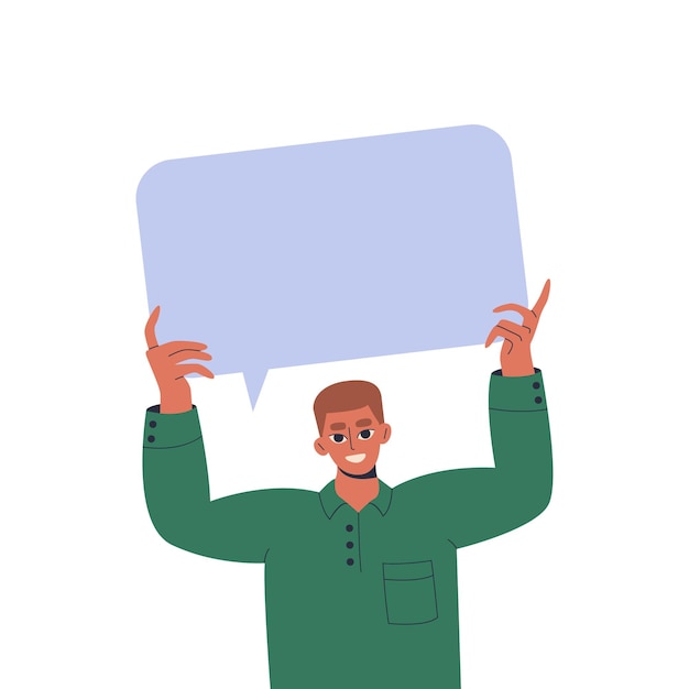 Man holding blank speech bubble above head, inspiration, idea. Customer feedback, communication