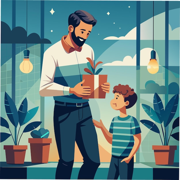 Vector a man holding a book with a boy holding a plant