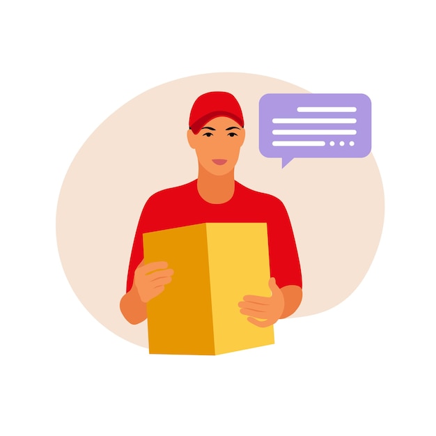 Man holding a box. ourier delivers the parcel . Vector illustration isolate on a white background