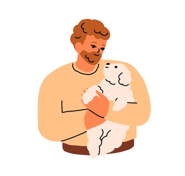 Man holding cute puppy. Happy pet owner and adorable little dog looking at each other. Person caring about companion doggy, pup, canine animal. Flat vector illustration isolated on white background