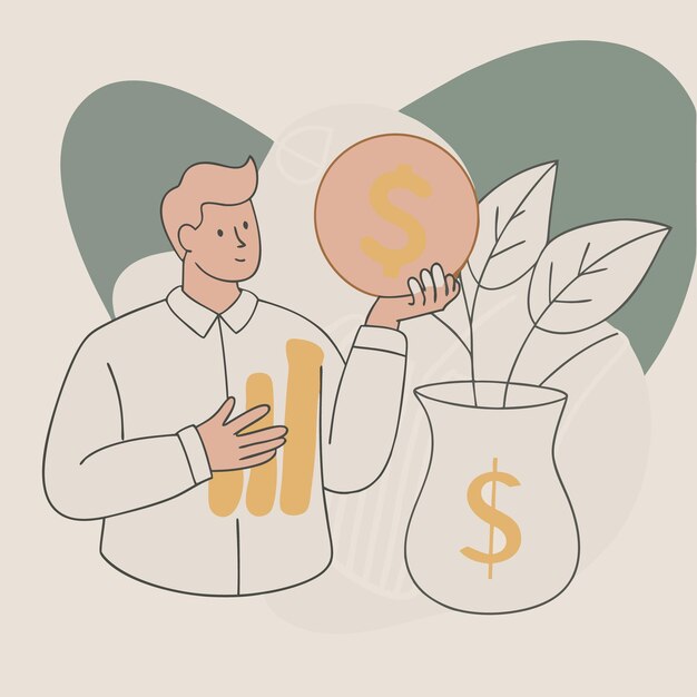 Vector man holding dollar coin and watching money grow financial success