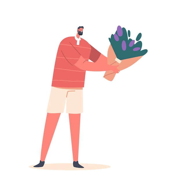 Vector man holding flowers bouquet love and romantic relations concept male character prepare present to girlfriend