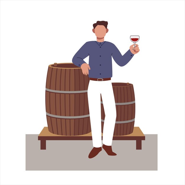 Vector man holding glass of wine and testing taste male dealing with wine production