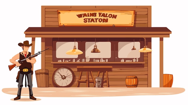 Vector man holding gun outside saloon western illustration