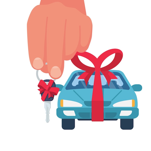 Man holding in hand key with red ribbon and bow Best offer cars for sale rent template