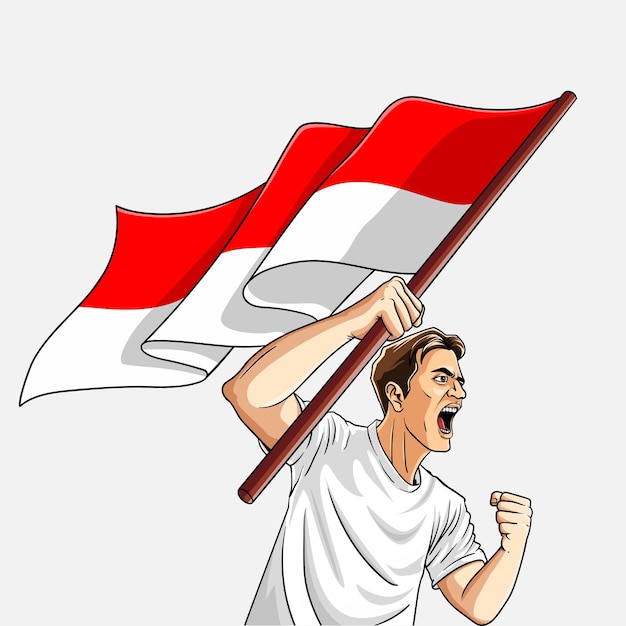 Vector man holding indonesian flag screaming freedom