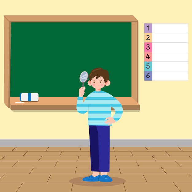 a man holding a magnifying glass in front of the blackboard