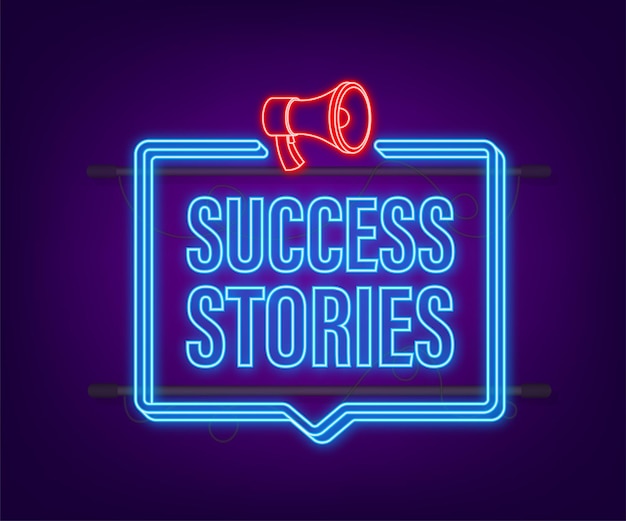 Man Holding Megaphone with Success stories. Neon style. Vector stock illustration.