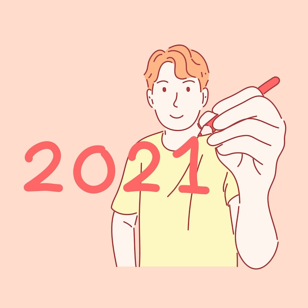 Man holding pen and writing  new year concept in hand drawn