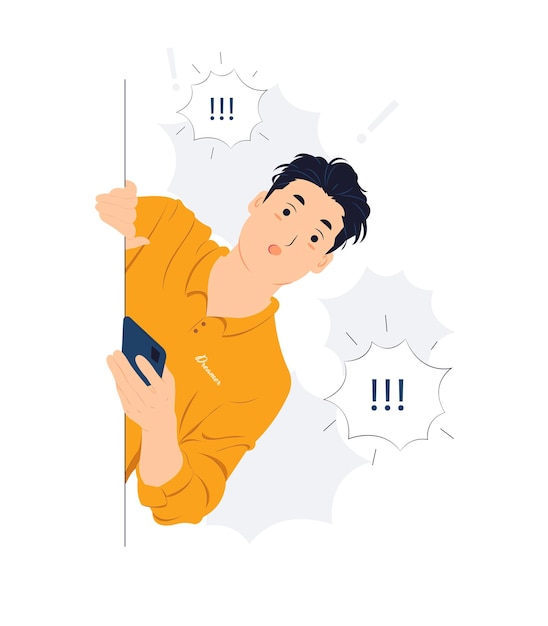 Man holding phone and peeking behind the wall while startled, shocked, Surprised, curiosity, listening, discovery and Pay attention concept illustration