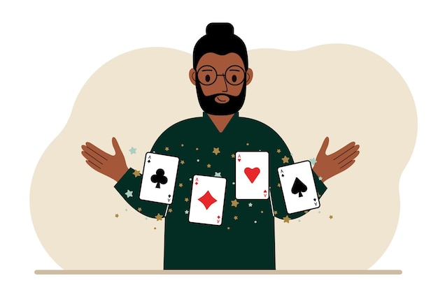 Man holding playing cards cards Playing combination of 4 aces or four of a kind