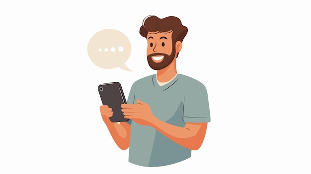 Vector man holding smartphone chatting in messenger