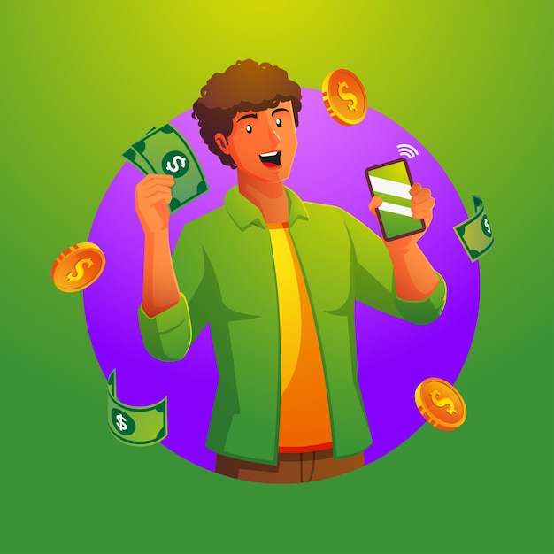 a man holding a smartphone and dollars