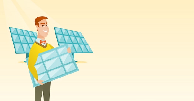 Man holding solar panel vector illustration.