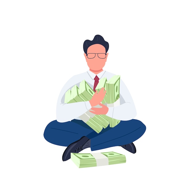 Man holding stacks of money flat color faceless character