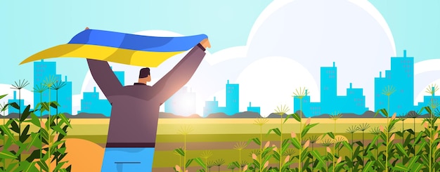 man holding Ukrainian flag outdoor pray for Ukraine peace save Ukraine from russia stop war concept cityscape background horizontal vector illustration