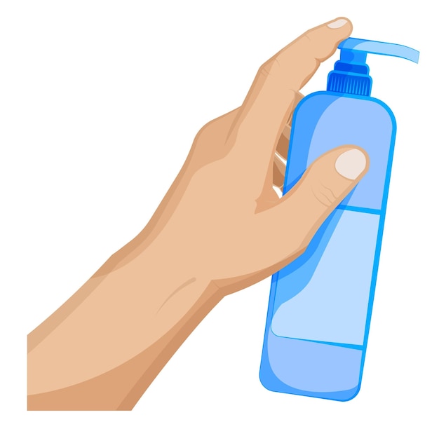 Man holds a bottle of liquid soap in his hand presses dispenser with his index finger Fighting infection hygiene Cartoon vector on white background