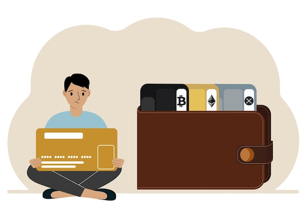 A man holds a card next to a wallet with different cards for cryptocurrencies Internet wallet digital money transactions exchange platform cold wallet or hardware wallet