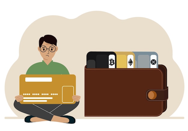 A man holds a card next to a wallet with different cards for cryptocurrencies Internet wallet digital money transactions exchange platform cold wallet or hardware wallet