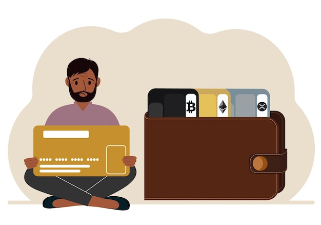 A man holds a card next to a wallet with different cards for cryptocurrencies Internet wallet digital money transactions exchange platform cold wallet or hardware wallet