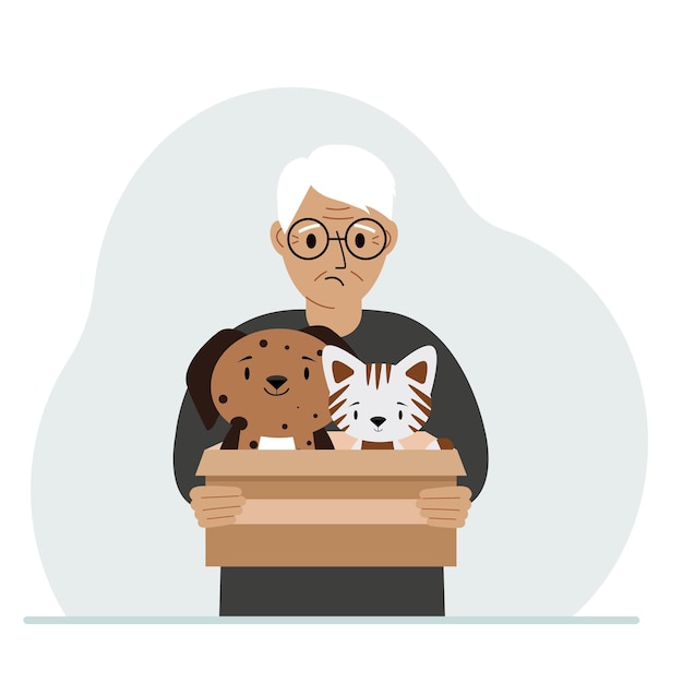 A man holds a cardboard box with a cat and a dog The concept of rescue help and care for pets