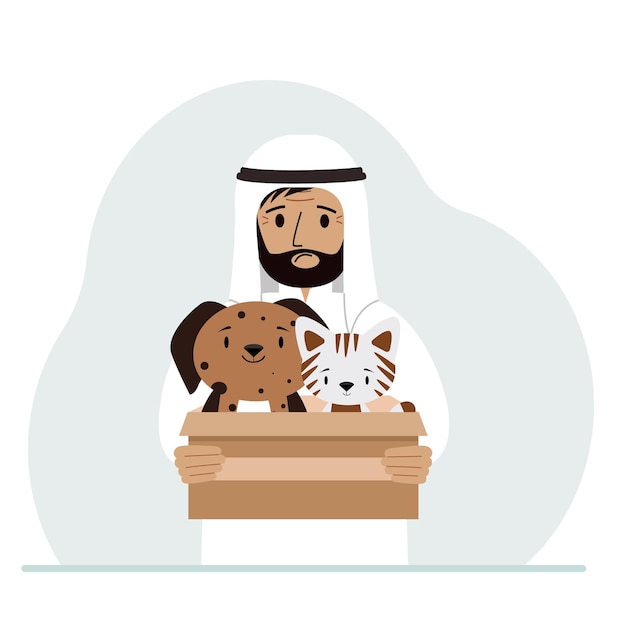 A man holds a cardboard box with a cat and a dog The concept of rescue help and care for pets