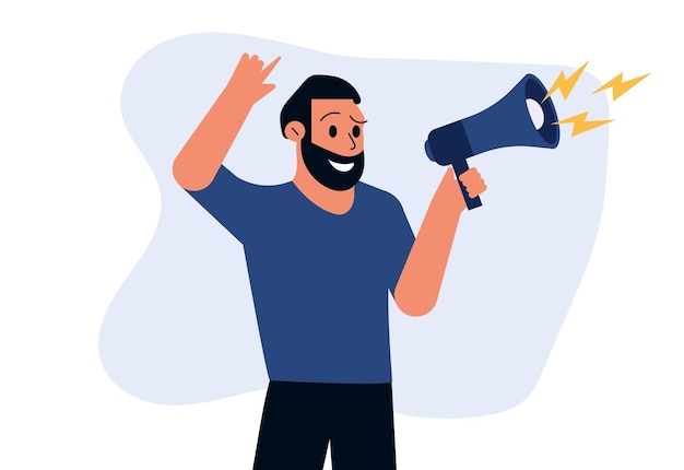 A man holds a megaphone and speaks into it Business marketing concept illustration