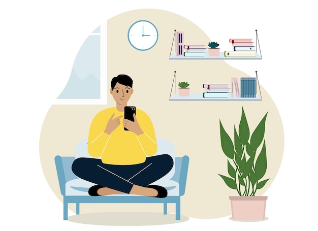 A man at home sits on an armchair with a mobile phone. Remote work or communication over the Internet. Satisfied, joyful. Vector flat illustration.