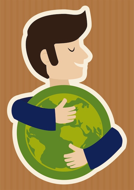 Man hugging a button with representation of the world on recycled cardboard background