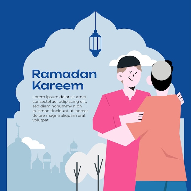 Man hugging forgive ramadan eid mubarak flat illustration