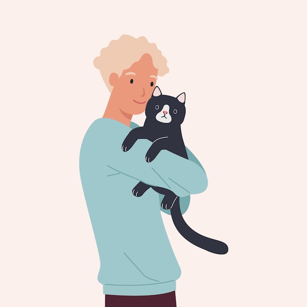 A man hugging his cute black cat. Portrait of happy pet owner. Vector illustration in a flat style