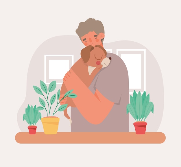 Man hugging puppy