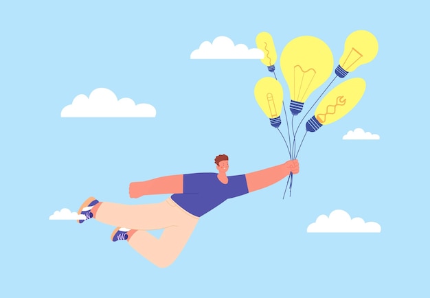 Man and ideas metaphor Business problem solution Dreaming person with many ideas Creator or dreamer guy flying on lamp bulbs balloons in sky vector concept