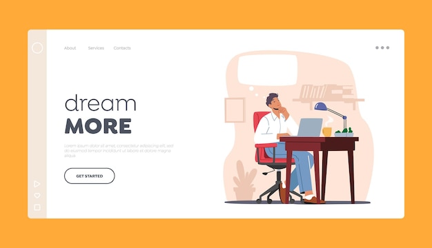 Man Imagine Something Pleasant Landing Page Template.. . Happy Male Character Dreaming in Thoughtful Pose at Working Desk with Notebook, Lamp and Steaming Coffee Cup. Cartoon Vector Illustration